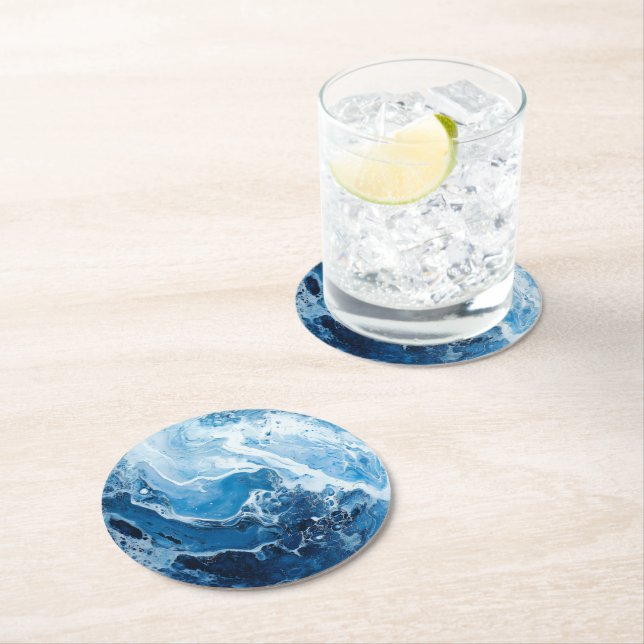 Blue Color Marble Pattern Round Paper Coaster (Insitu)