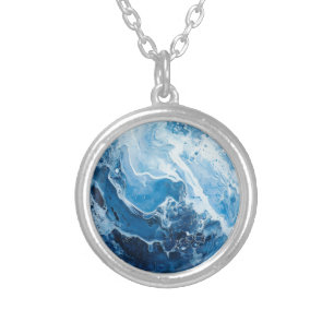 Blue Color Marble Pattern Silver Plated Necklace
