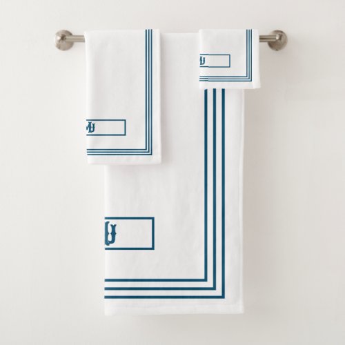 Blue Color Monogram Rectangle with Offset Borders Bath Towel Set