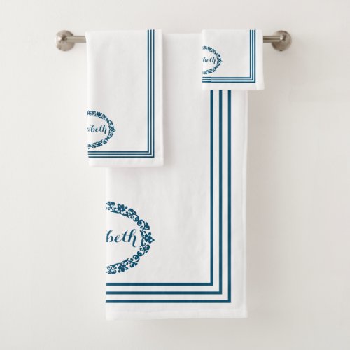 Blue Color Name in Floral Ovals with Rectangles Bath Towel Set