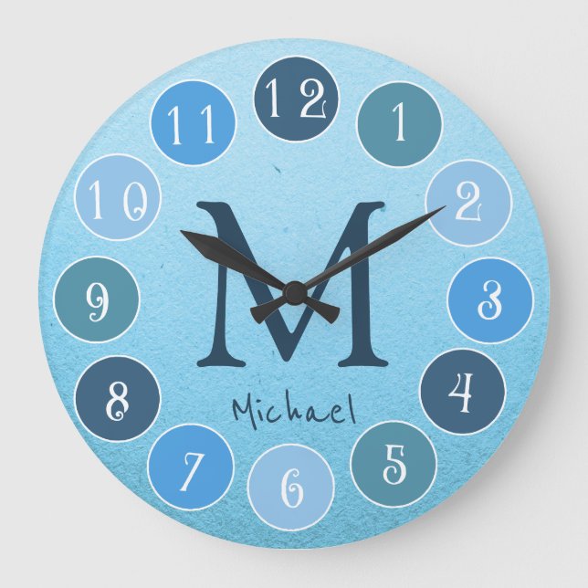 Blue Color Palette Simple Monogram Kids Large Clock (Front)