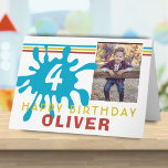 Blue Color Splash 3 Photo Birthday Card for Kids<br><div class="desc">Fun Blue Color Splash 3 Photo Birthday Card for Kids. Fun birthday card for children with a blue color splash and colorful stripes. Add your photos on the front and 2 inside the card and personalize with your name,  age and text.</div>