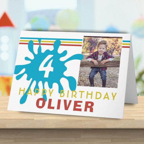 Blue Color Splash 3 Photo Birthday Card for Kids