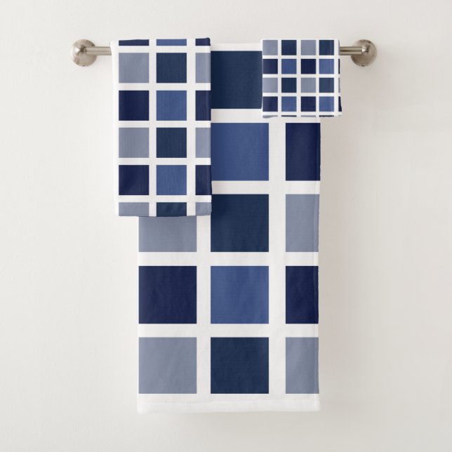 Blue Color Squares Checkered Bath Towel Set (Insitu)