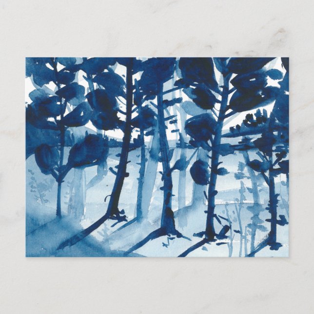 Blue colored watercolor landscape, abstract tree holiday postcard (Front)