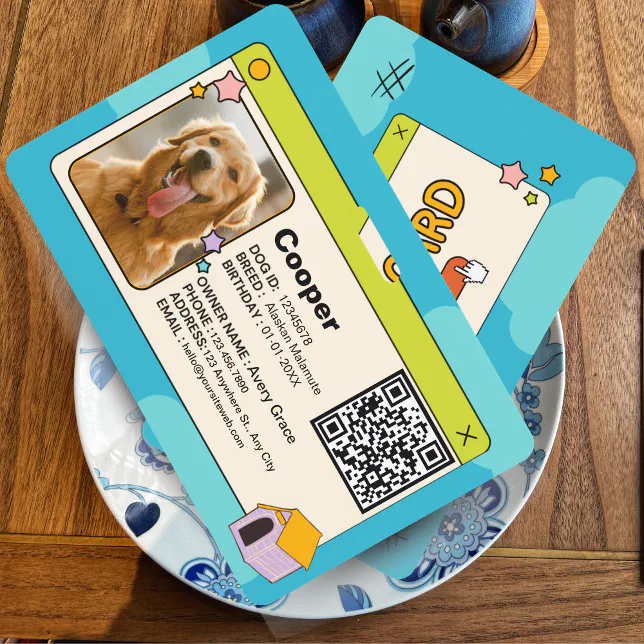 Blue & Colorful Dog ID Card with QR Code & Photo Badge | Zazzle