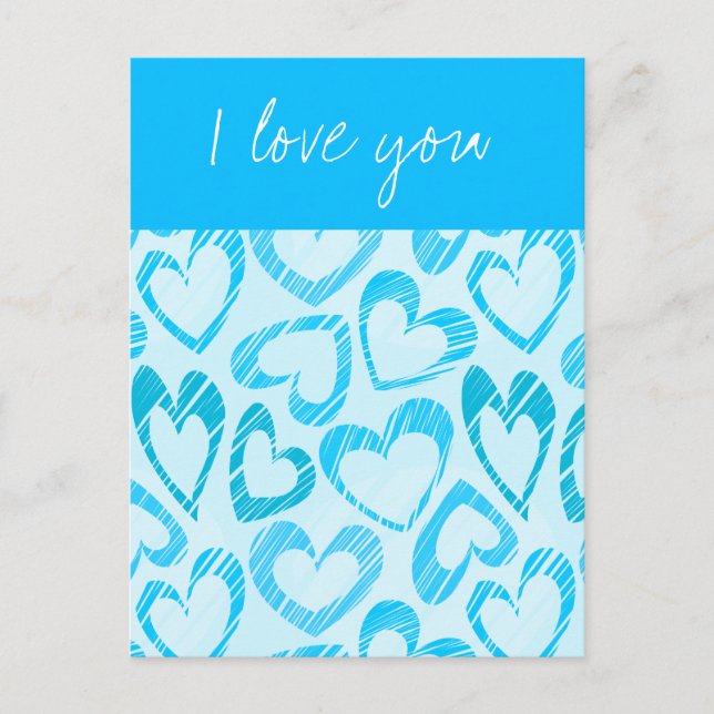 Blue colorful doodled hearts Postcard (Front)