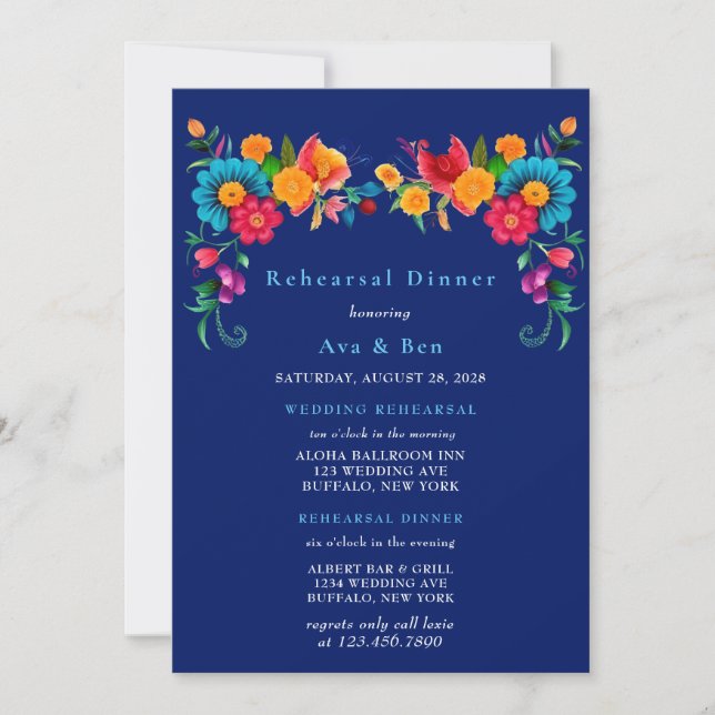 Blue & Colorful Fiesta Floral Rehearsal Dinner Invitation (Front)