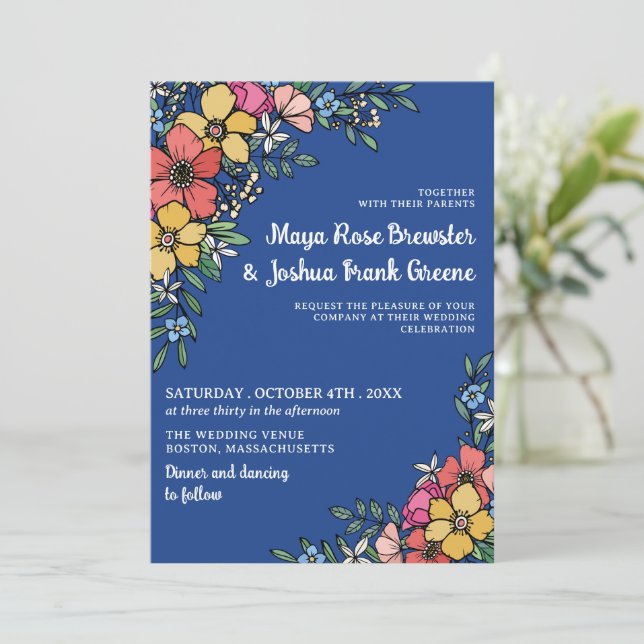 Blue Colorful Flowers Spring Summer Wedding Invitation (Standing Front)