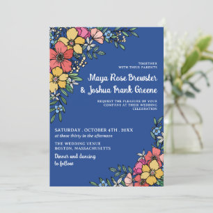 Blue Colorful Flowers Spring Summer Wedding Invitation