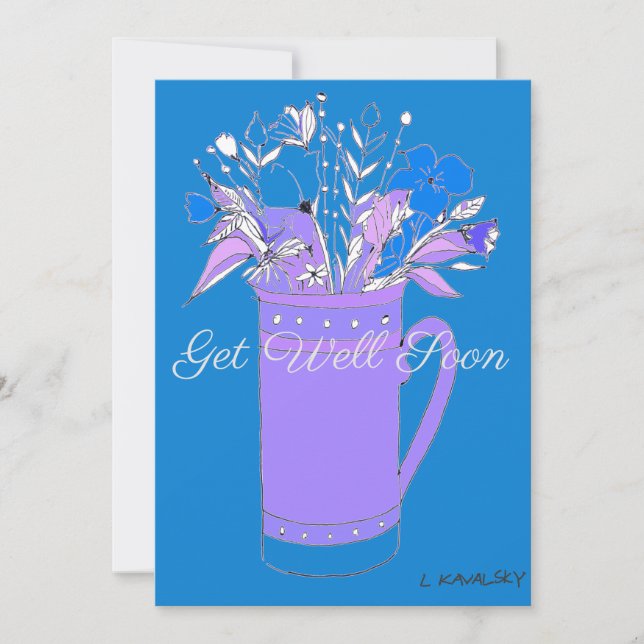 Blue Colorful Get Well Flowers In A Mug Card (Front)