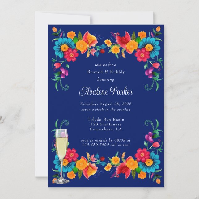 Blue Colorful Mexican Fiesta Brunch & Bubbly Invitation (Front)