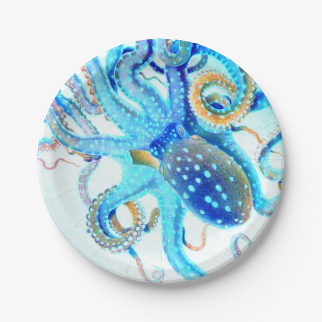Blue colorful Octopus Paper Plates (Front)