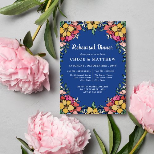 Blue Colorful Pink Flowers Rehearsal Dinner Invitation