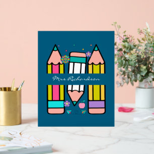 Blue Colorful Teacher Cartoon Pencil Poster