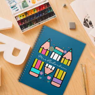 Blue Colorful teacher name pencil cartoon Notebook