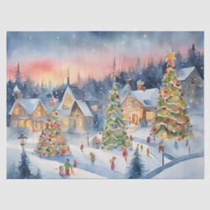 Blue Colorful Watercolor Decoupage Winter Scene Tissue Paper