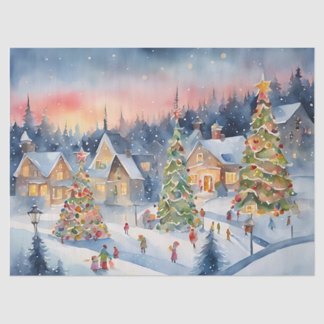 Blue Colorful Watercolor Decoupage Winter Scene Tissue Paper (Front)