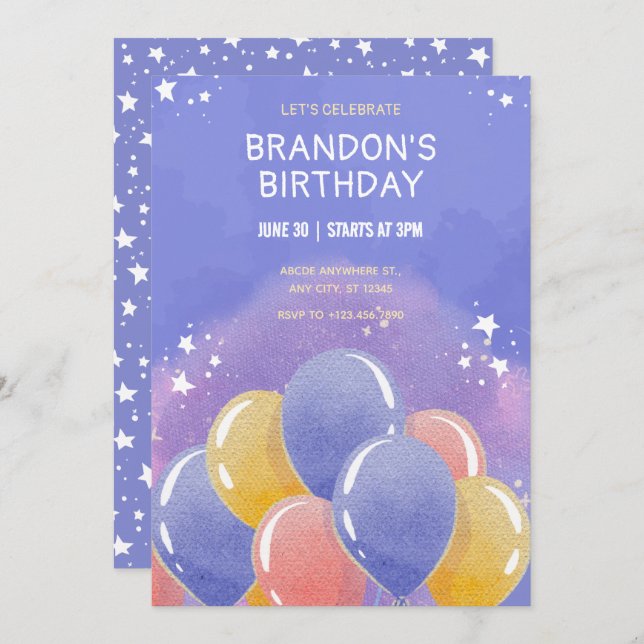 Blue colorfull balloons birthday  invitation (Front/Back)