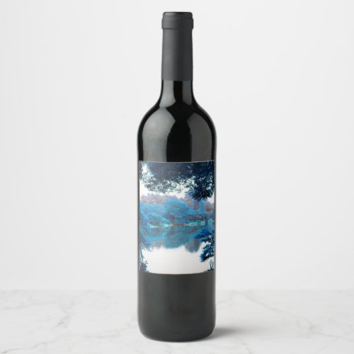 Blue colour effected cool unique nature lake wine label