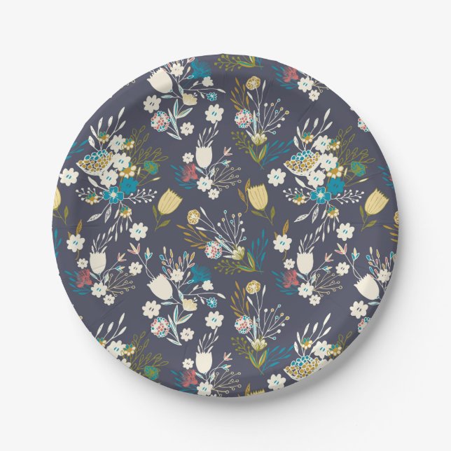 Blue Colour Floral Paper Plates (Front)