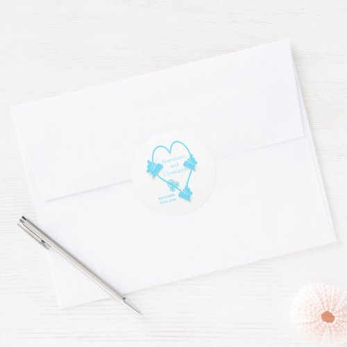 Blue Coloured Butterfly Heart Design Wedding Classic Round Sticker