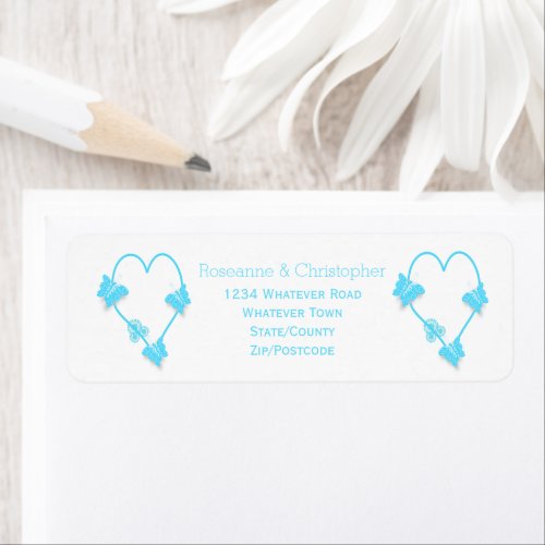 Blue Coloured Butterfly Heart Design Wedding Label