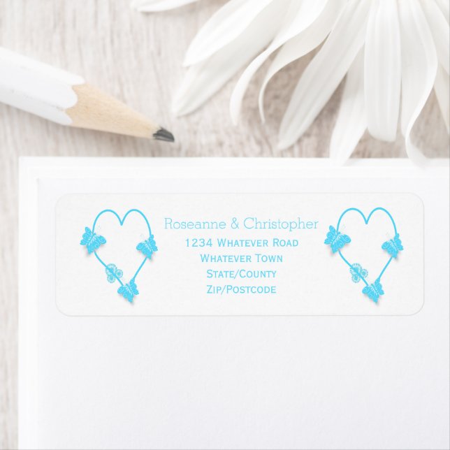 Blue Coloured Butterfly Heart Design Wedding Label (Insitu)