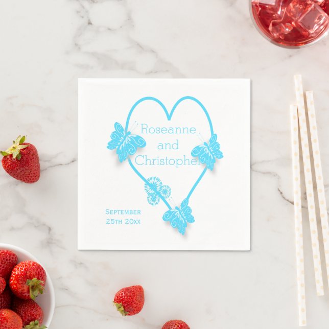 Blue Coloured Butterfly Heart Design Wedding Napkins (Insitu)