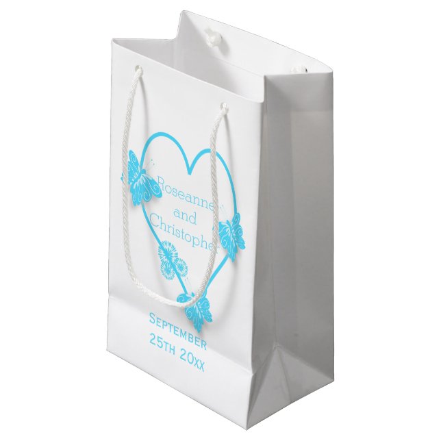 Blue Coloured Butterfly Heart Design Wedding Small Gift Bag (Front Angled)