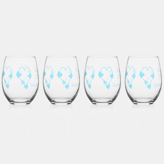 Blue Coloured Butterfly Heart Design Wedding Stemless Wine Glass (Front)