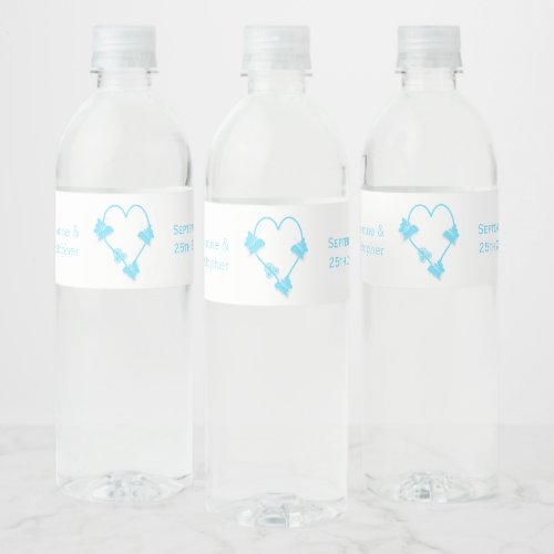 Blue Coloured Butterfly Heart Design Wedding Water Bottle Label