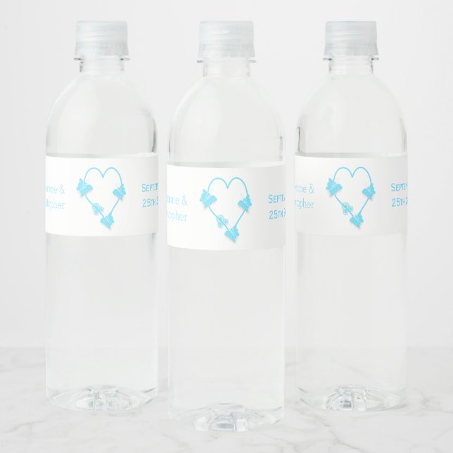 Blue Coloured Butterfly Heart Design Wedding Water Bottle Label (Bottles)