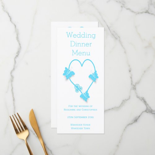 Blue Coloured Butterfly Heart Wedding Dinner Menu