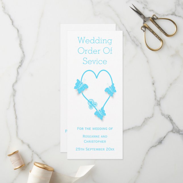 Blue Coloured Butterfly Heart Wedding Program (Front/Back In Situ)