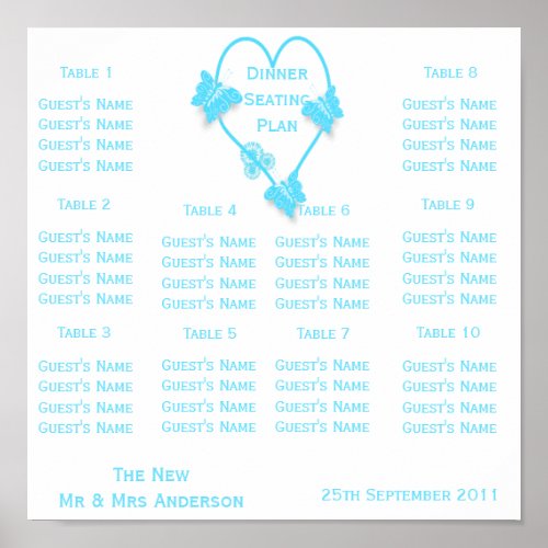 Blue Coloured Butterfly Heart Wedding Seating Poster