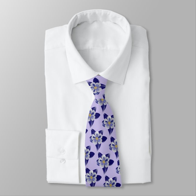 Blue Columbine Floral Pattern on Lavender Neck Tie (Tied)