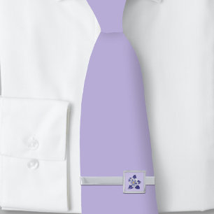 Blue Columbine Floral Pattern on Lavender Silver Finish Tie Bar