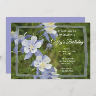 Blue Columbine Flowers Birthday Party Invitation
