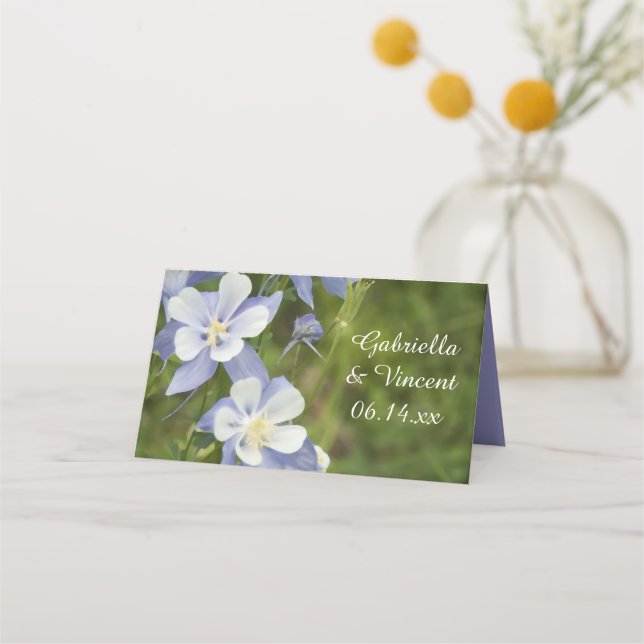 Blue Columbine Flowers Wedding Place Card (Front)