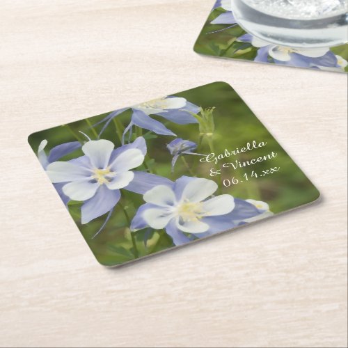 Blue Columbine Flowers Wedding Square Paper Coaster