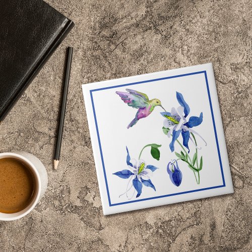 Blue Columbine Garden Hummingbird Ceramic Tile
