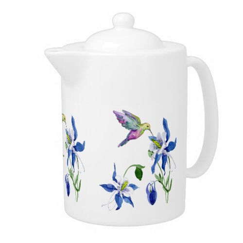 Blue Columbine Garden Hummingbird Teapot