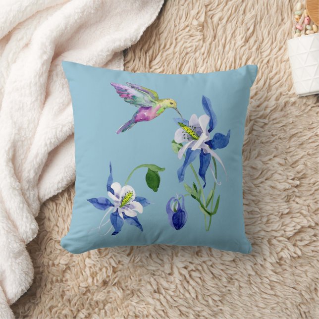 Blue Columbine Garden Hummingbird Throw Pillow (Blanket)