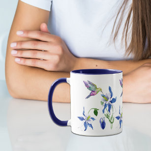 Blue Columbine Garden Hummingbird Two-Tone Coffee Mug