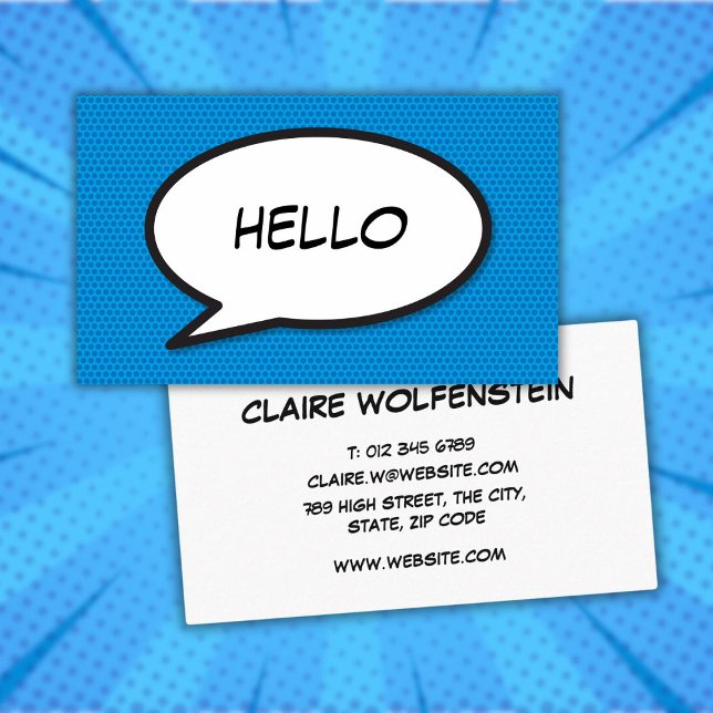 Blue Comic Book Pop Art Speech Bubble HELLO Business Card (Blue Comic Book Pop Art Speech Bubble HELLO Business Card)