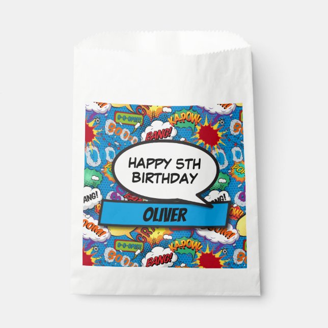 Blue Comic Book Superhero Birthday Party Favor Bag (Front)
