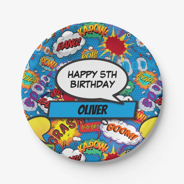 Blue Comic Book Superhero Birthday Party Paper Plates (Front)