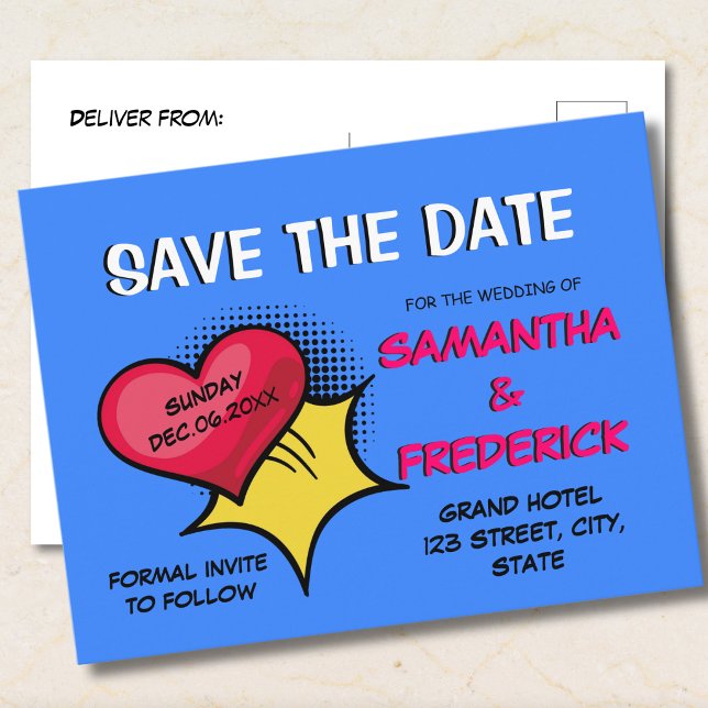 Blue Comic Save the Date Postcard | Fun Pop Art  (Creator Uploaded)