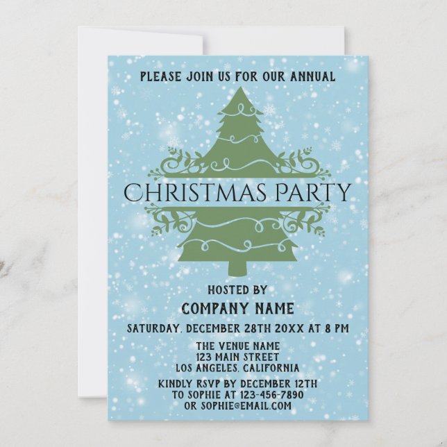 Blue Company Holiday Christmas Party Tree Snow Invitation (Front)